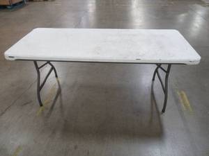 lot 427 image: 6 ft. White Stacking Folding Table - Scratch and Dent - Used in Warehouse.