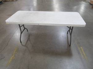 lot 428 image: 6 ft. White Stacking Folding Table - Scratch and Dent - Used in Warehouse.