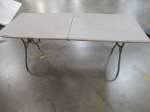 lot 430 image: LIFETIME 72-in x 30-in Rectangle Steel Putty Folding Table. - Scratch and Dent - Used in Warehouse.
