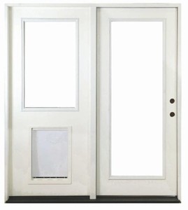 lot 415 image: Steves & Sons 72 in. x 80 in. Fiberglass Primed White Prehung Left-Hand Inswing Center-Hinged Patio Door.