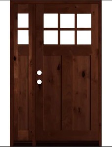 lot 423 image: Krosswood Doors 50 in. x 80 in. Craftsman Alder 2 Panel Right-Hand 6Lite Clear Glass Mahogany Wood Prehung Front Door Left Sidelite - Sidelite Not attached well to frame - Needs Some Repair - Scratches.