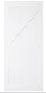 lot 435 image: TRUporte 36 in. x 84 in. Bright White MDF K Frame Interior Barn Door Slab, NL52-W9-BW1-36 - Slab Only. Does Not Include Track.