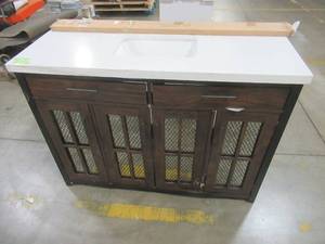 lot 481 image: Drysdale 48 in. Wx 34.5 in. H Bath Vanity in Sable with Engineered Stone Vanity Top in Lgt Vein Carrera with White Basin - Slight Damage to Cabinet. Scratches on Top.