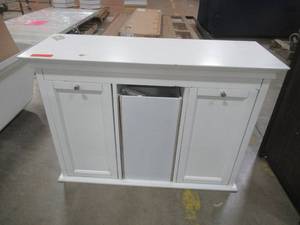 lot 482 image: 3 Bin Pullout Hamper - Missing Center Door Trim, Scratches on Cabinet.