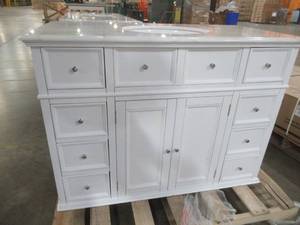 lot 488 image: Hampton Harbor 44 in. W x 22 in. D Bath Vanity in White with Natural Marble Vanity Top in White - Cracks in Top.