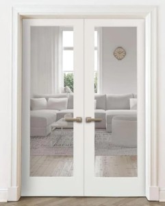 lot 485 image: Krosswood Doors 60 in. x 80 in. Craftsman Shaker 1-Lite Clear Glass Both Active MDF Solid Hybrid Core Double Prehung Interior Door.