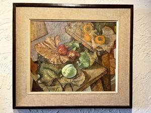 lot 16 image: Framed Signed Oil on Canvas Still Life Painting wFruit & Leaves