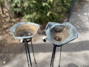 lot 31 image: Matching Pair of Vintage Wrought Iron Stands wCopper Bowls
