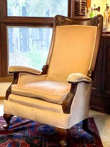 lot 9 image: Vintage Upholstered High Back Chair wCarved Wood Accents