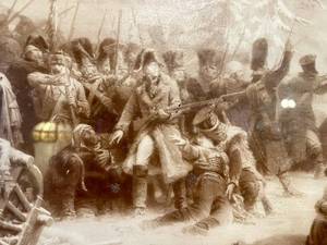 lot 17 image: Framed Antique Dramatic War Print - Marshall Ney Supporting the Rear Guard by Adolphe Yvon