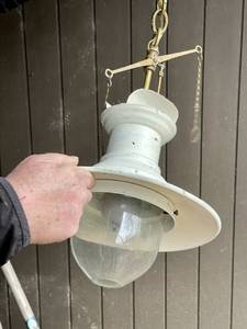 lot 75 image: Very Cool Old Industrial Hanging Gas Lamp Light Fixture - White