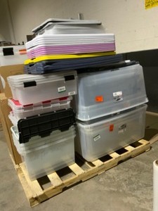 Pallet of Assorted Branded Plastic Totes and Storage Bins. Various Conditions. See Pictures