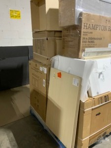 Pallet of Various Sized Hampton Bay Cabinets, End-Cap Trim Kits, Side Panels & More Various Conditions. See Pictures