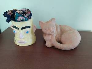 Ceramic Mug and Cement Cat Sculpture