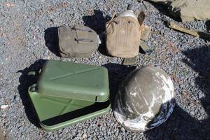 lot 866 image: Lot of (4) Vintage Military Equipment - Helmet, Canteen, Storage Box