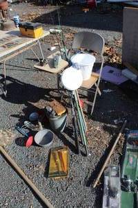 lot 907 image: Fishing Equipment - Minnow Buckets, Scoops, Poles, Gaff Hook, Knife