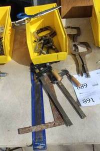 lot 891 image: Parts Organizer, Assorted Clamps, Misc. Hand Tools