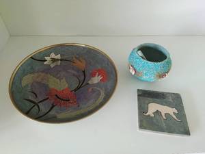 lot 129 image: Brass Enamel Plate With Zuni Mountain Lion Coaster And Bowl And Pestel
