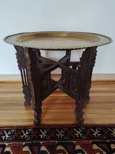 lot 4 image: Vintage Hand Carved Wood Table with Brass Tray Top