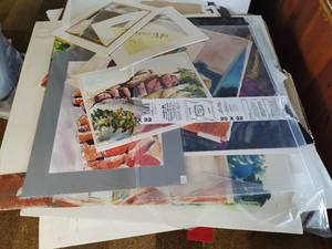 lot 437 image: Contents of Tabletop Including Paintings, Sketches, Posters & More