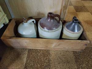 lot 448 image: Three Vintage Jugs & Wood Box