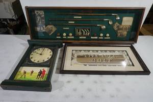 lot 135 image: Golf Dcor Items - History of Golf Shadowbox, Clock, Framed Sign