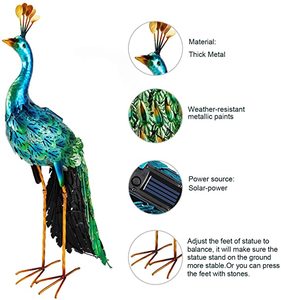 2 Large Colorful Metal Peacock Garden Sculptures, 1 Solar