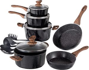 Kitchen Academy 15pc Black Hammered Non-Stick Cookware Set