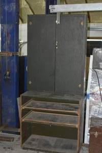 lot 8 image: Garage Wood Storage Cabinet doors on top pull out shelves bottom