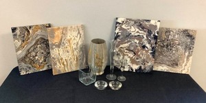 3 Pour Paintings and Glass Dcor