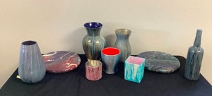 7 Pour Paint Vases and 2 Round Pour Paintings