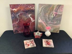 4 Pour Paintings, 2 Vases and 1 Dish