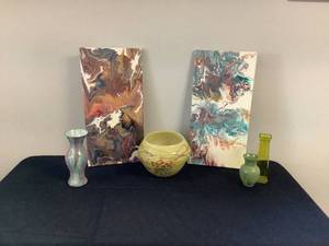 2 Pour Paintings, 3 Glass Vases and 1 Decorative Glass Bowl