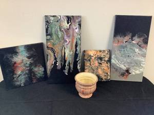4 Pour Paintings and 1 Planter