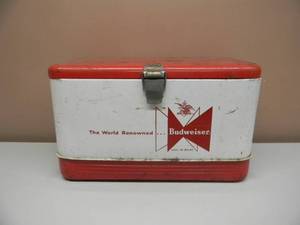 VINTAGE 1950s BUDWEISER BEER COOLER WITH SANDWICH TRAY - AWESOME OLD SCHOOL PIECE - SEE PICTURES
