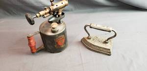 lot 15 image: Vintage Turner Brass Torch, Sad Iron, Iron Holder