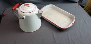 lot 32 image: Vintage Red Rimmed White Enamelware Pitcher and Pan