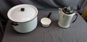 lot 34 image: Black Rimmed White Enamelware Pot and Perculator