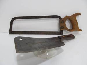 lot 66 image: Vintage Butchers Bone Saw & Cleaver