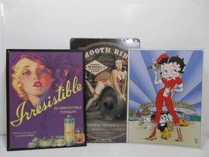 lot 141 image: 3 Retro Style Metal Decor Signs