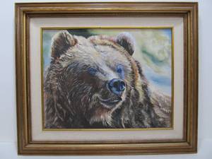lot 107 image: Framed Signed Oil on Canvas Grizzly Bear Painting