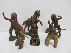 lot 129 image: Vintage 1930s Composition Indian Warrior Toy Figures etc
