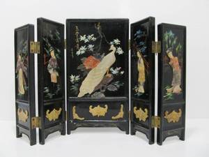 lot 191 image: Vintage Chinese Women Dressed In Semiprecious Stones Painted On Folding Table Screen Art