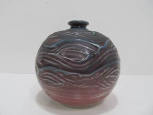 lot 192 image: Signed Colorful Art Pottery Ribbed Glazed Decorative Round Vase