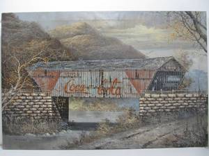 lot 195 image: Large Oil on Canvas Covered Bridge  Coca-Cola Art Unframed
