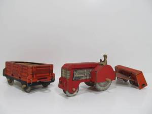 lot 12 image: 1930s era Hardboard Farm Toys Tractor Plow & Wagon