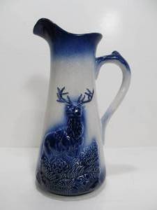 lot 15 image: Large Antique Staffordshire StagElk Cobalt Stoneware Pitcher