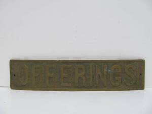 lot 31 image: Antique Solid Brass Church OFFERINGS Placard Sign
