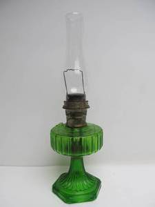 lot 227 image: Vintage ALADDIN Green Glass Oil Lamp