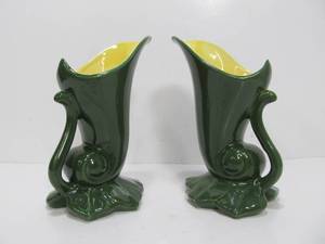 lot 305 image: Pair of Mid Century RED WING Art Pottery Vases - Green & Yellow